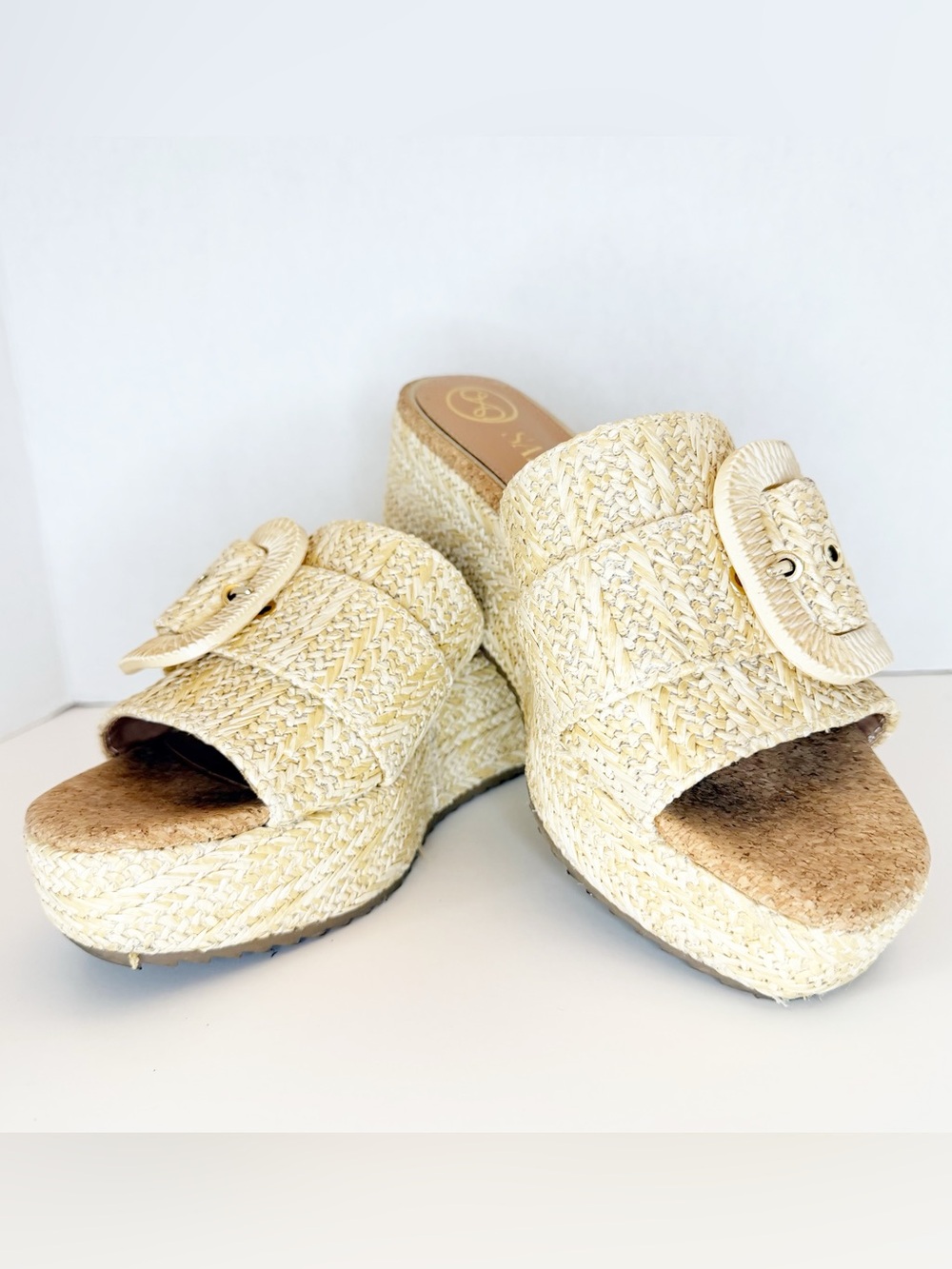 Sam & Libby Cream Woven Wedge Slide Sandals